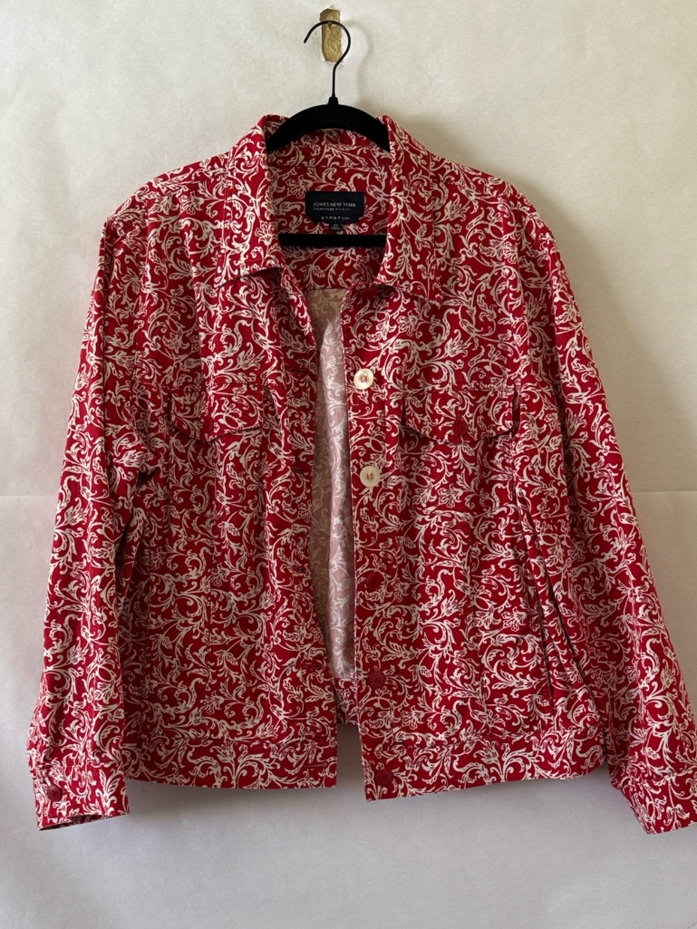 Jones New York Damask Button Front Jacket Size 2X Casual Red White Barn Boho